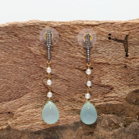 Pave Diamond Drop Earrings With Pearl and Chalcedony set in 14k Gold and 925 Sterling Silver