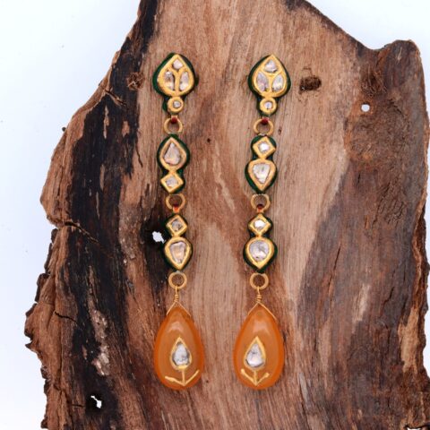 Earrings set in 22K Gold with Rosecut Diamonds and Yellow Chalcedony Gemstone