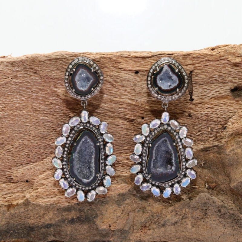 Geode Rainbow Moonstone Earrings in 14k Gold 925 Sterling Silver with Diamond