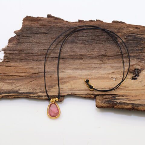 Necklace in 18K Gold with Tourmaline Drop Shape Pendant and Black Thread