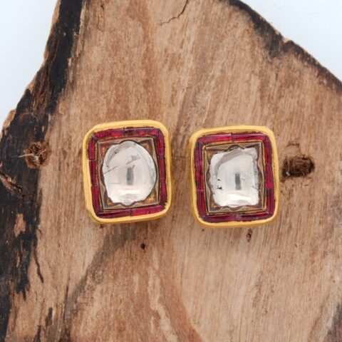 Stud Earrings in 22K Gold with Rosecut Diamonds and Ruby Gemstone
