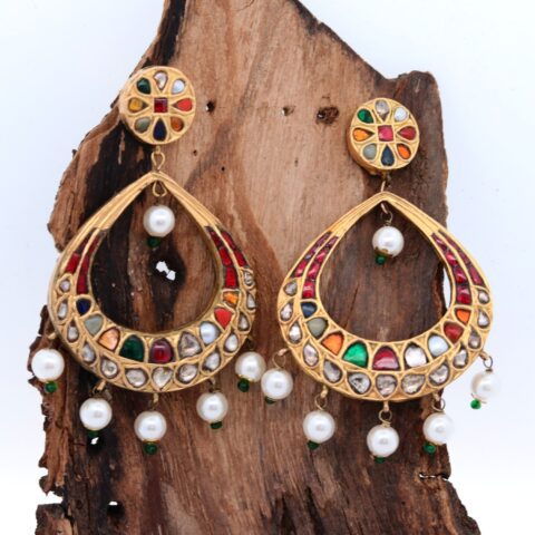 Reversible Earring in 22K Gold with Navratna Gemstone Pearl Emerald Bead