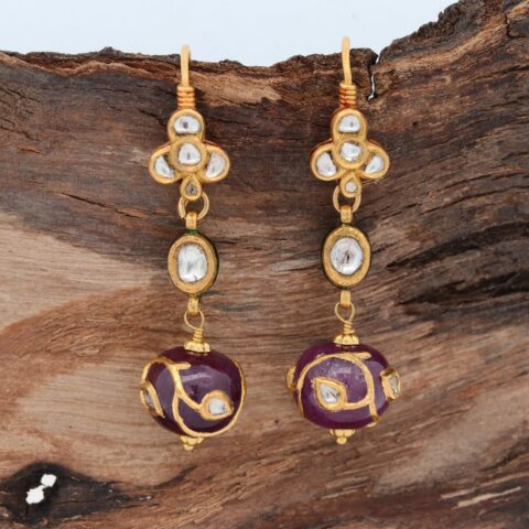 Dangling Earrings in 22K Gold with Rosecut Diamonds and Ruby Gemstone Beads