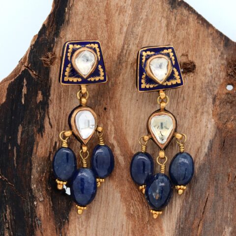 Enamel Earrings set in 22K Gold with Polki Diamonds Blue Sapphire Gemstone Drops