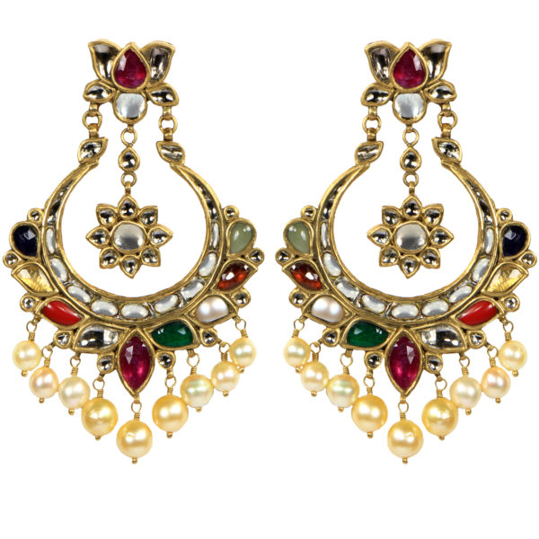 Navratna Earring in 22K Gold with Pearl – Tempus Gems