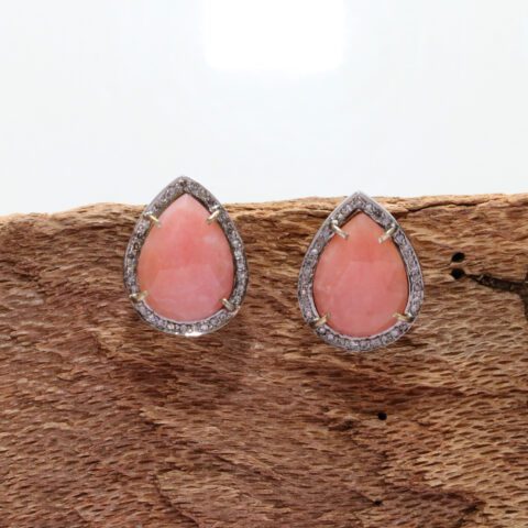 Stud Earrings in 14k Gold and 925 Sterling Silver with Diamond & Pink Opal Gemstone