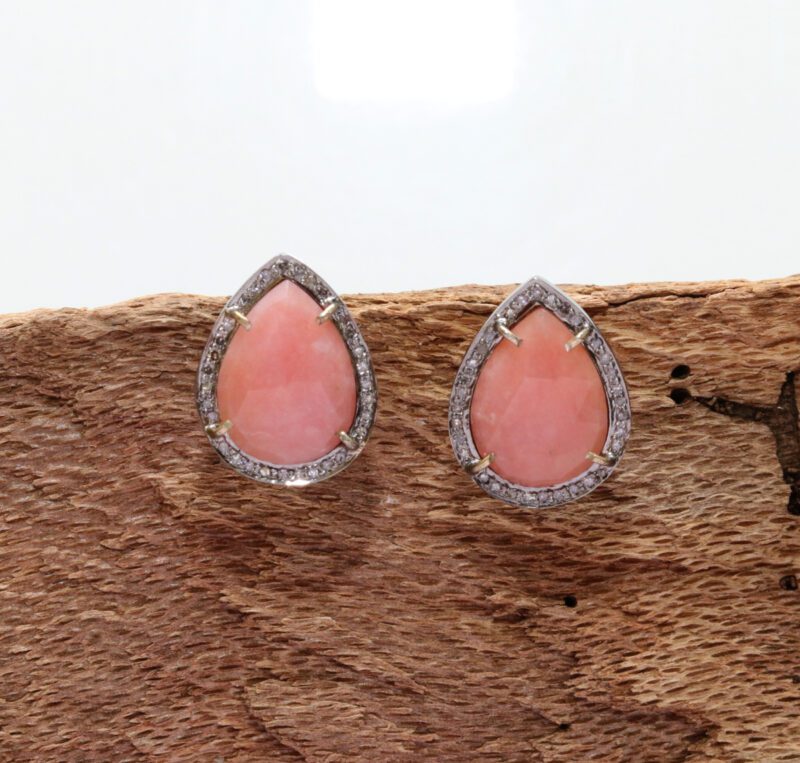 Stud Earrings in 14k Gold and 925 Sterling Silver with Diamond & Pink Opal Gemstone