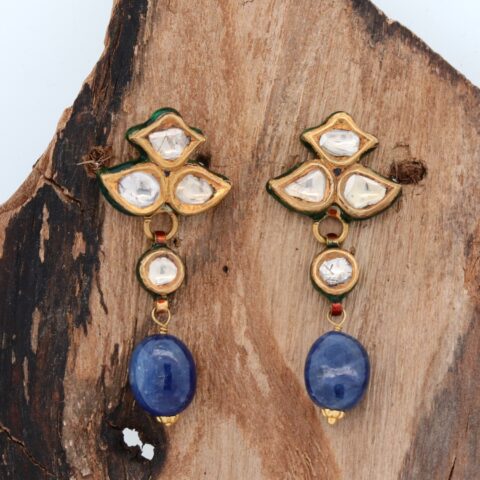 Handmade Earrings set in 22K Gold with Polki Diamonds Blue Sapphire Gemstone Drops
