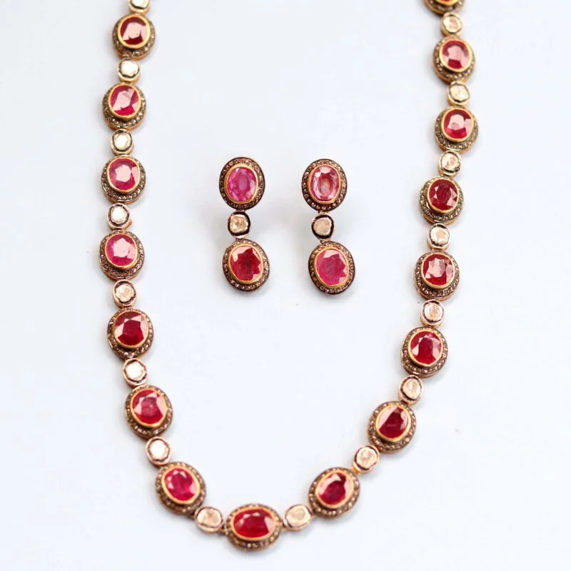 Necklace Earrings set in 925 Sterling Silver with Diamonds and Ruby Gemstone - Image 4