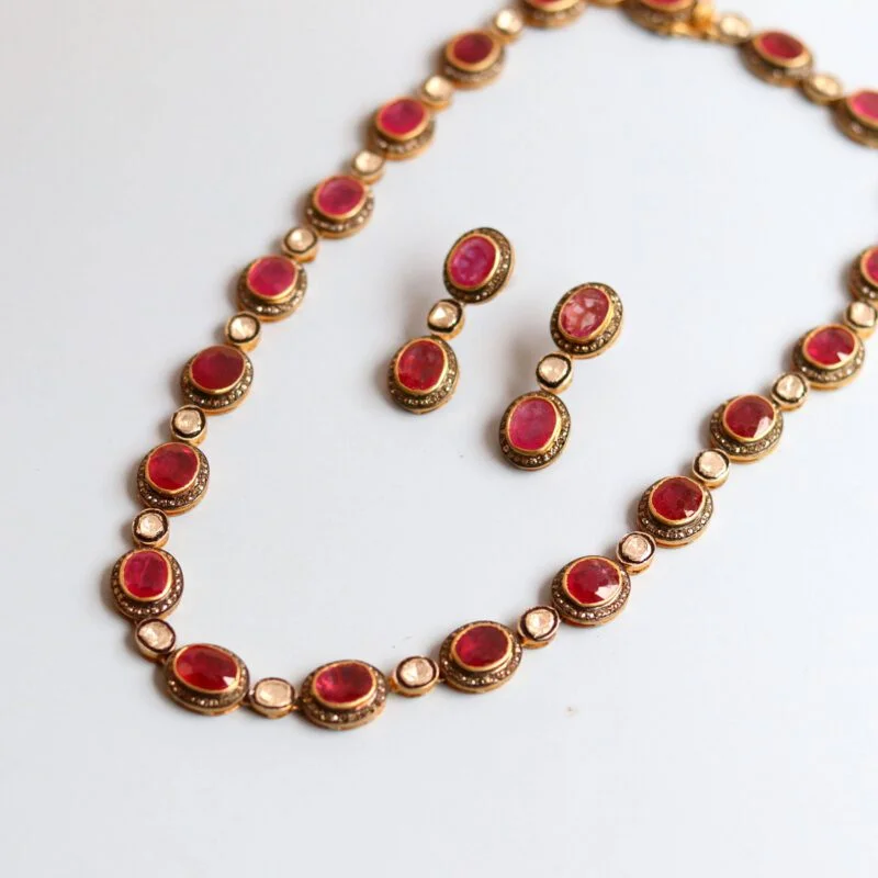 Necklace Earrings set in 925 Sterling Silver with Diamonds and Ruby Gemstone - Image 3