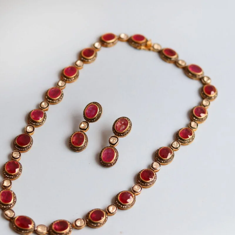 Necklace Earrings set in 925 Sterling Silver with Diamonds and Ruby Gemstone - Image 2
