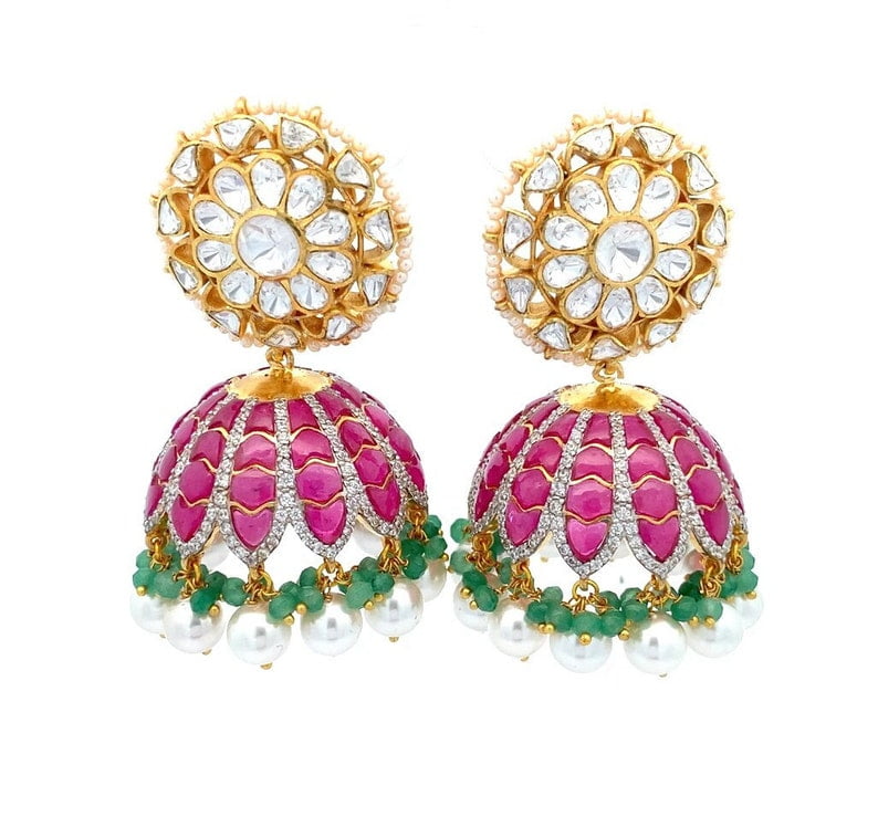 Traditional indian kundan work 925 sterling silver gold polished handmade  fabulous flower shape stud earrings trendy jewelry s1180 | TRIBAL ORNAMENTS